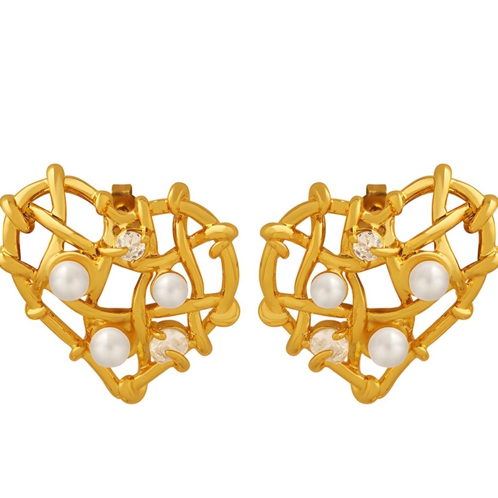 Gold and White Geometric Heart Earrings with Lattice Design